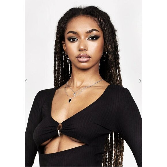 Disturbia Eastwick Cutout Mini Dress Ribbed w Silver Spike Fang Black US 6 - Picture 3 of 15